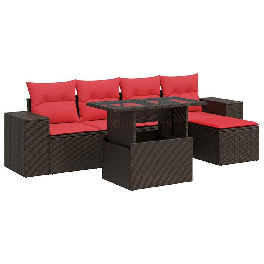 6-delige Loungeset met kussens poly rattan acacia bruin