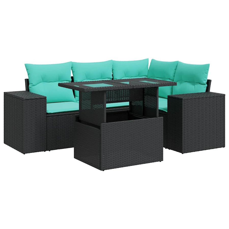 5-delige Loungeset met kussens poly rattan acacia zwart