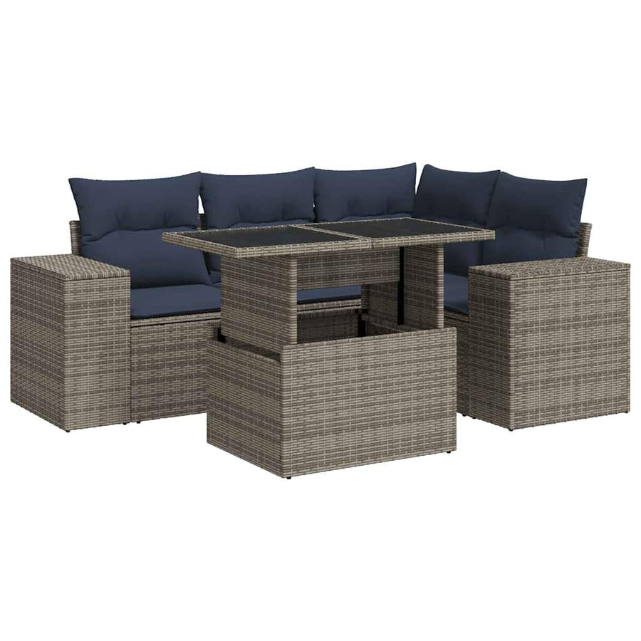 6-delige Loungeset met kussens poly rattan acacia grijs