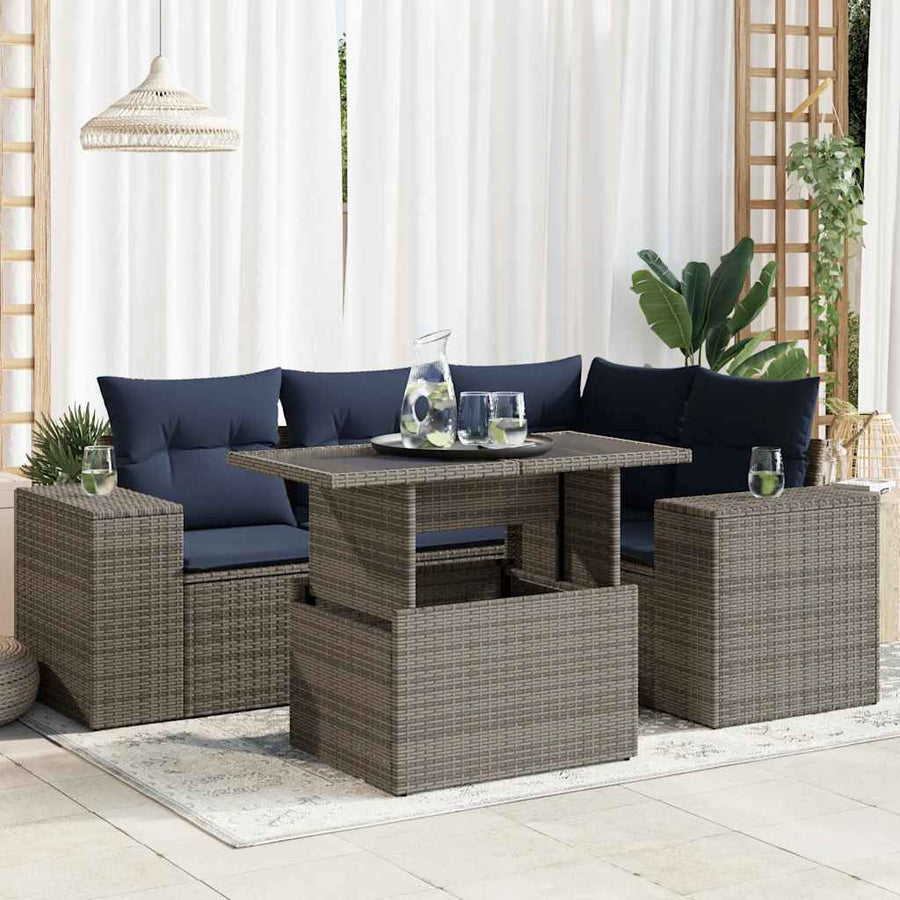 6-delige Loungeset met kussens poly rattan acacia grijs