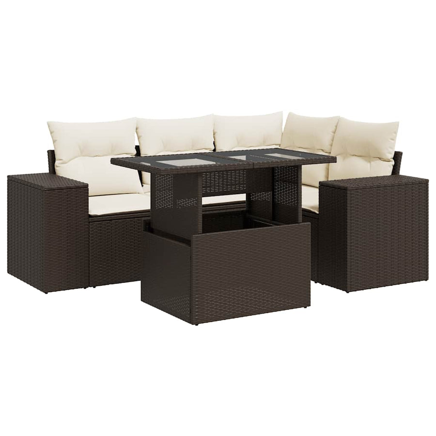5-delige Loungeset met kussens poly rattan bruin