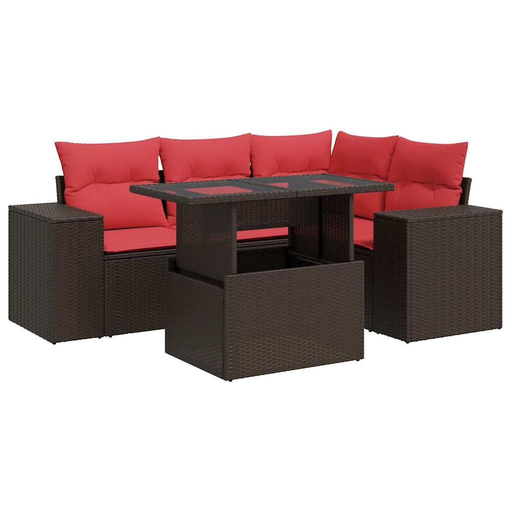 5-delige Loungeset met kussens poly rattan acacia bruin
