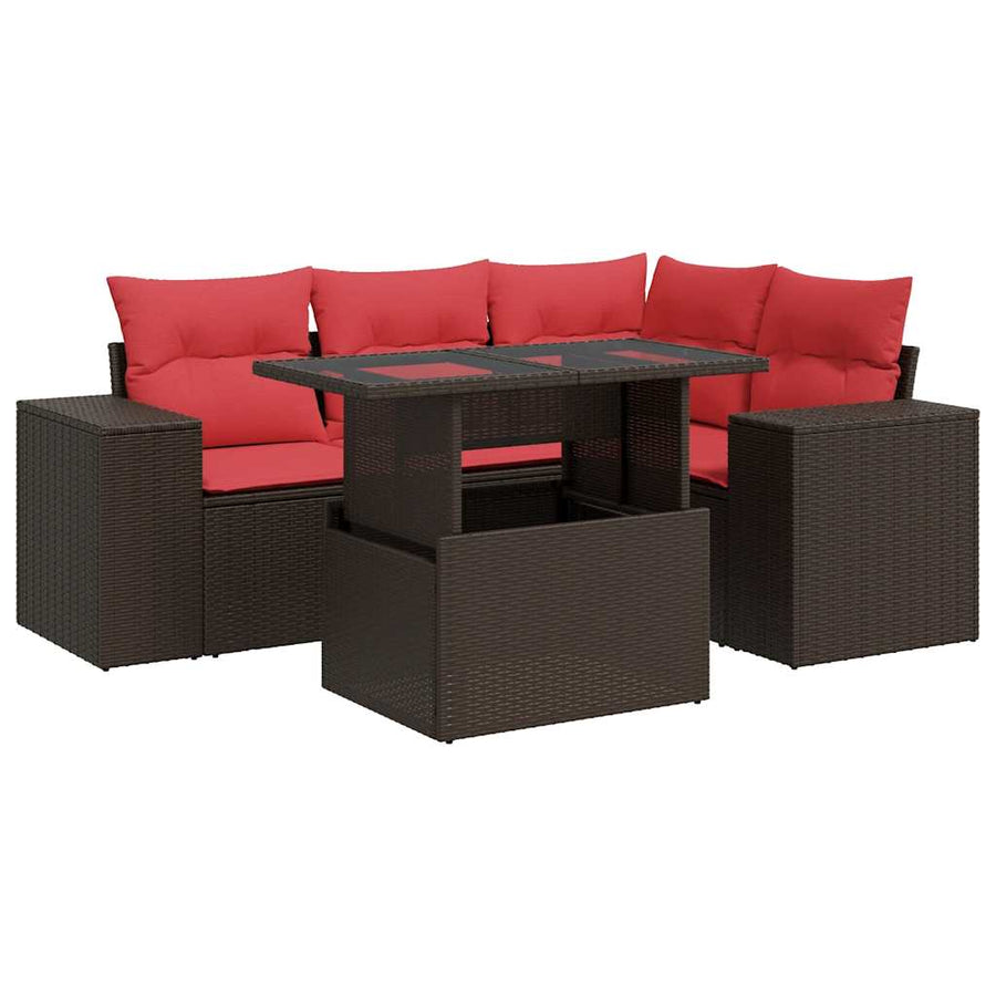 5-delige Loungeset met kussens poly rattan acacia bruin