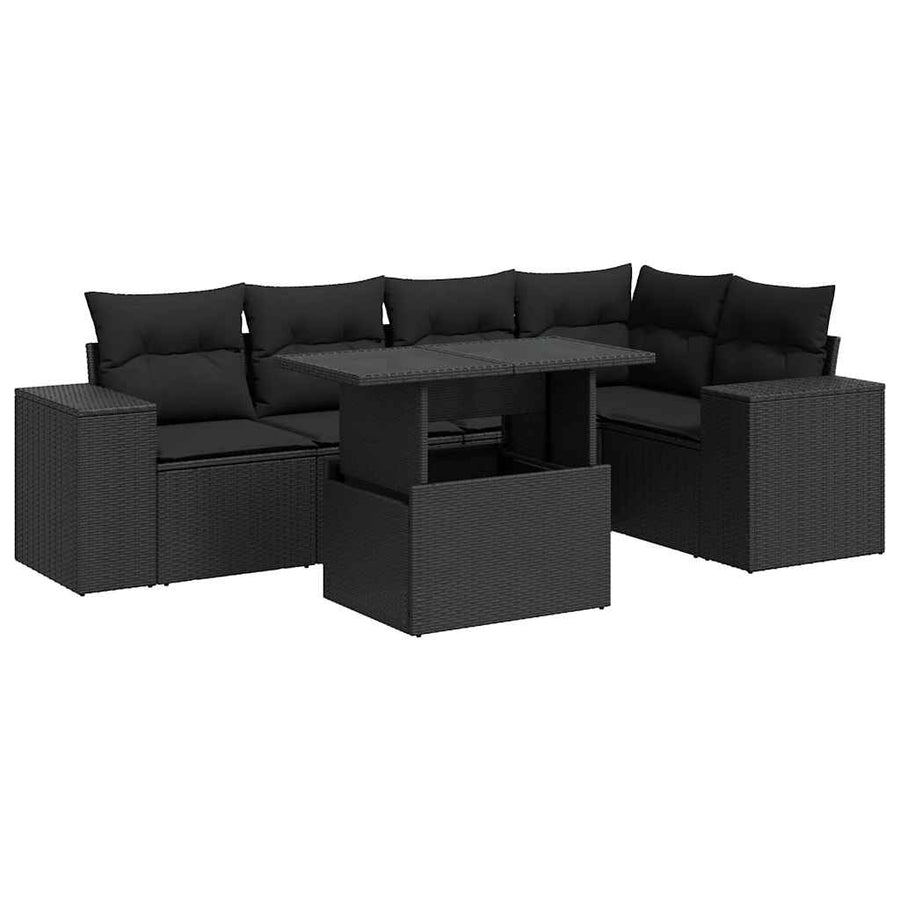 6-delige Loungeset met kussens poly rattan zwart