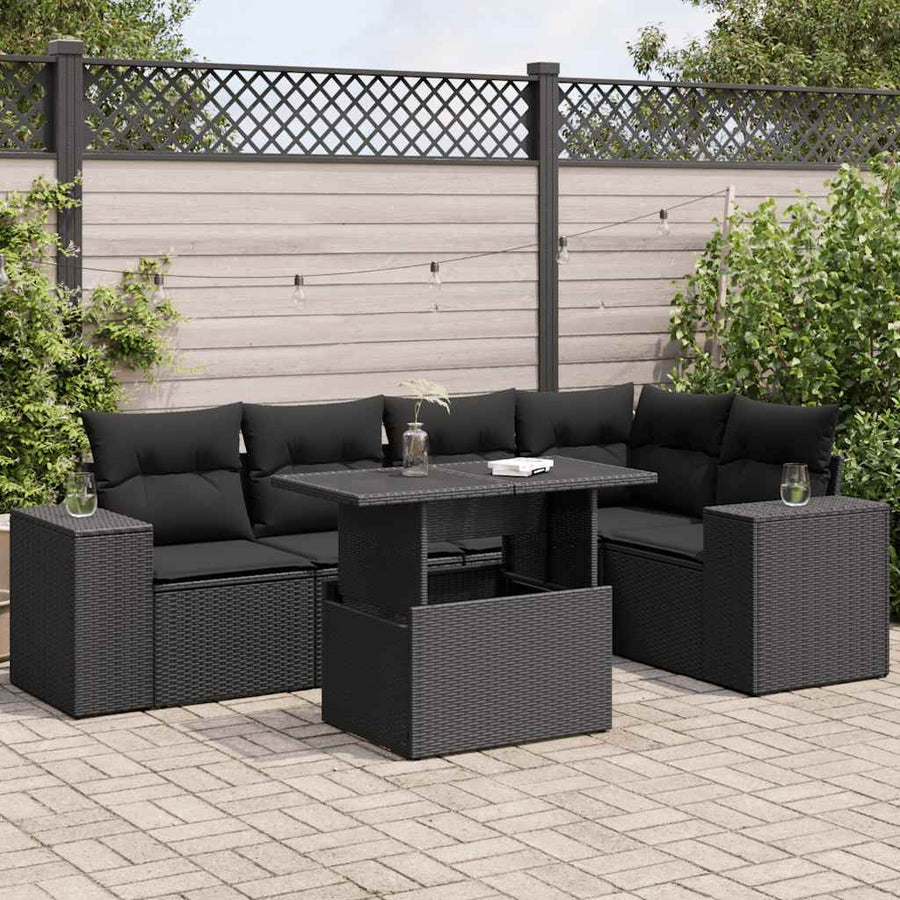 6-delige Loungeset met kussens poly rattan zwart
