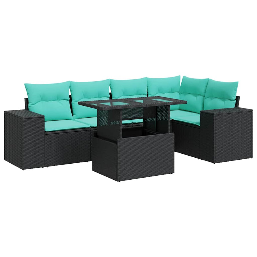 6-delige Loungeset met kussens poly rattan acacia zwart
