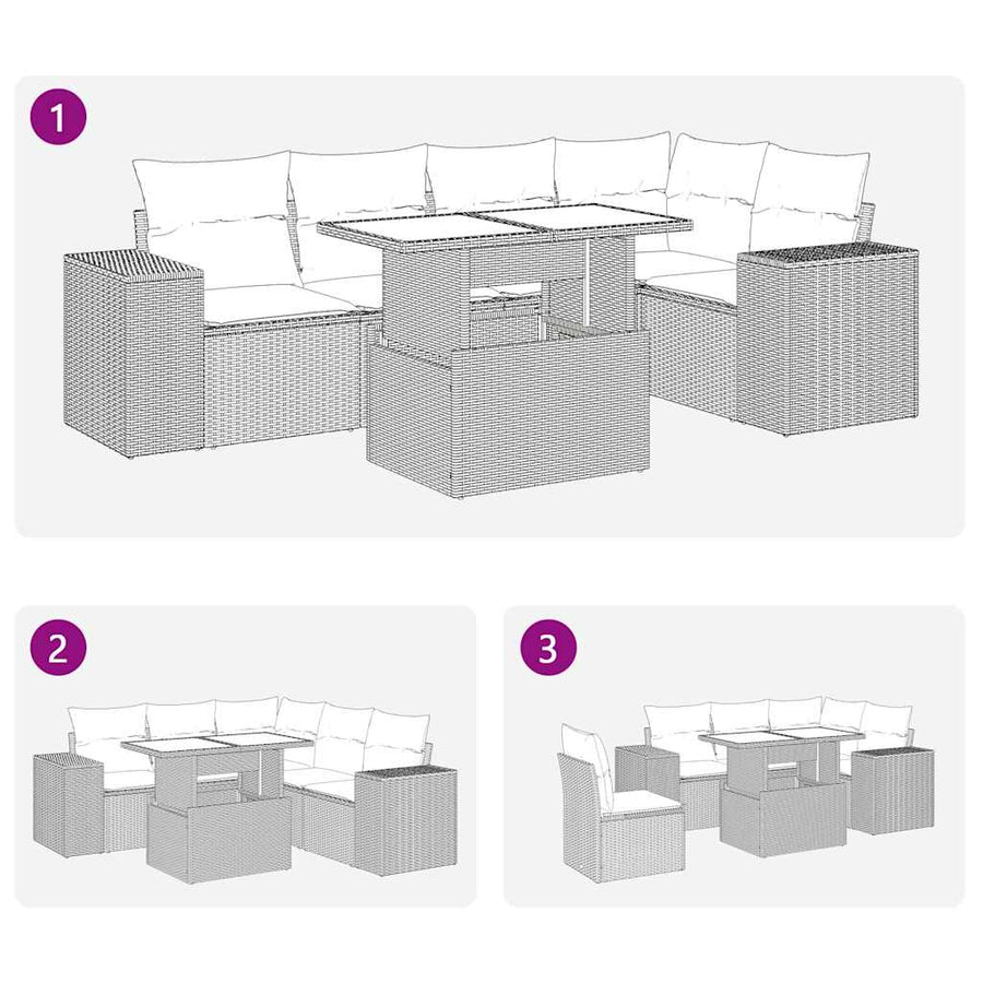 6-delige Loungeset met kussens poly rattan acacia zwart