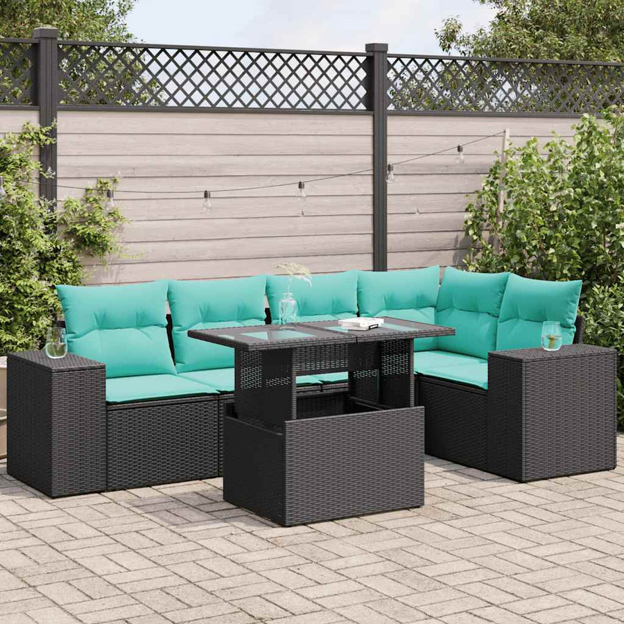 6-delige Loungeset met kussens poly rattan acacia zwart
