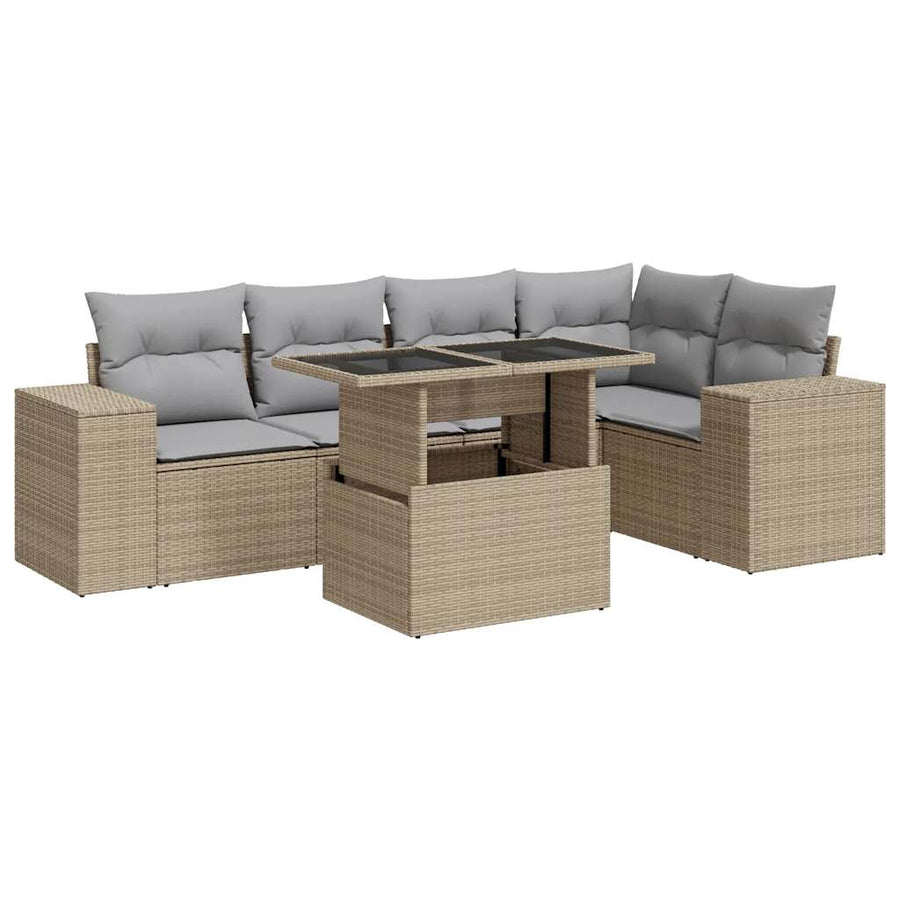 6-delige Loungeset met kussens poly rattan beige