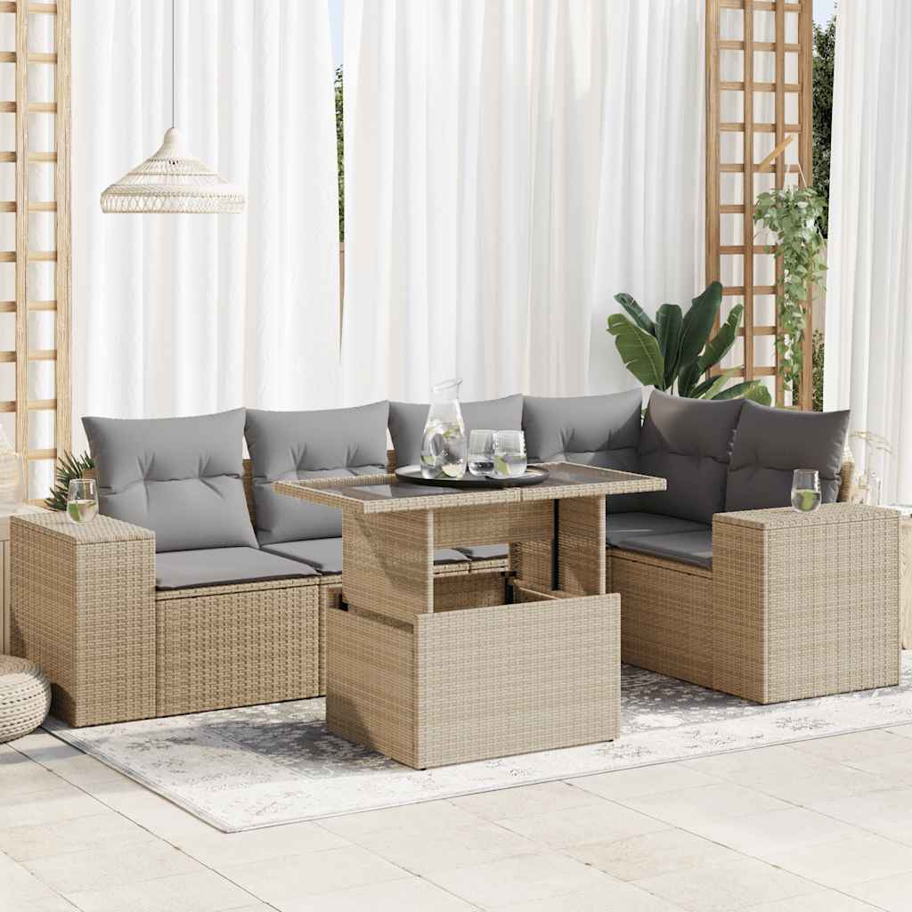 6-delige Loungeset met kussens poly rattan beige
