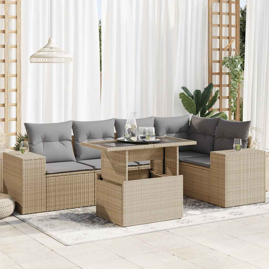 6-delige Loungeset met kussens poly rattan beige