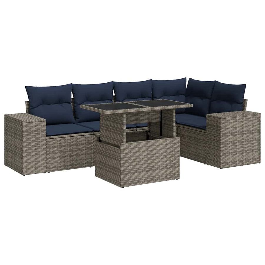 6-delige Loungeset met kussens poly rattan acacia zwart