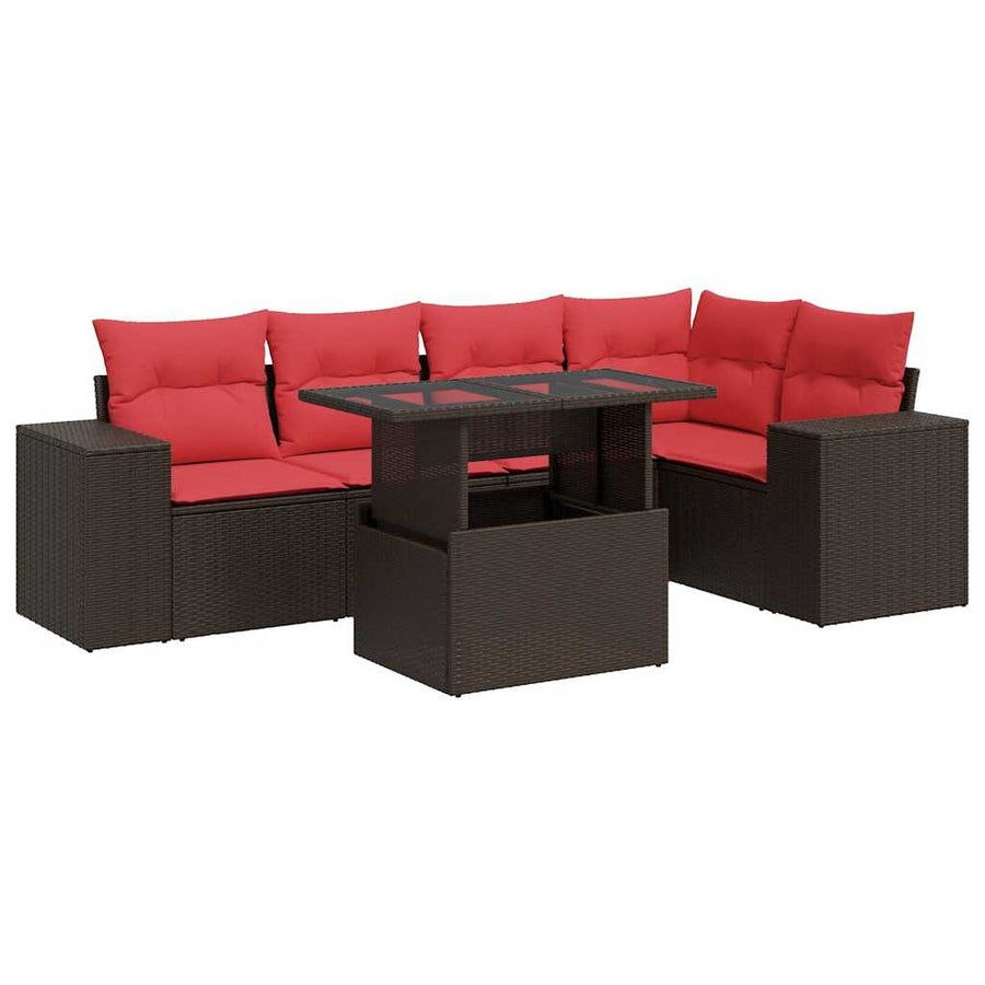 6-delige Loungeset met kussens poly rattan acacia bruin