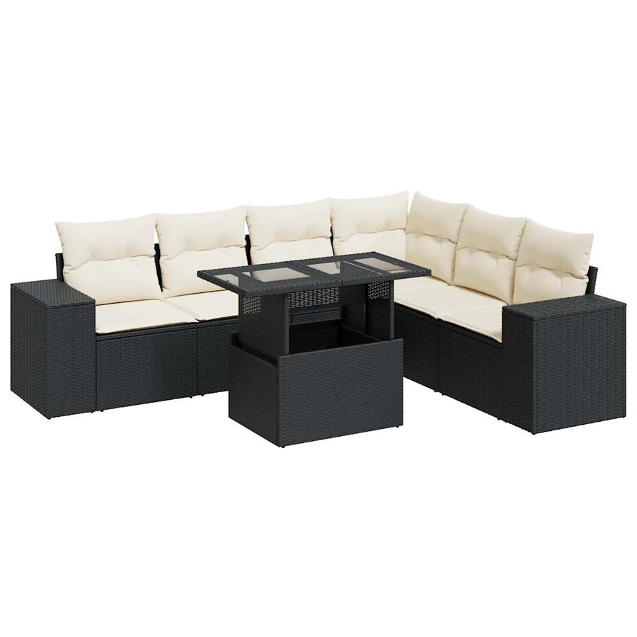 7-delige Loungeset met kussens poly rattan zwart