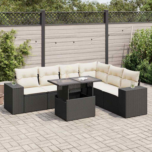 7-delige Loungeset met kussens poly rattan zwart