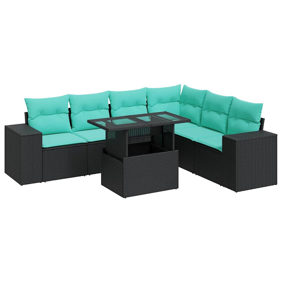 7-delige Loungeset met kussens poly rattan acacia zwart