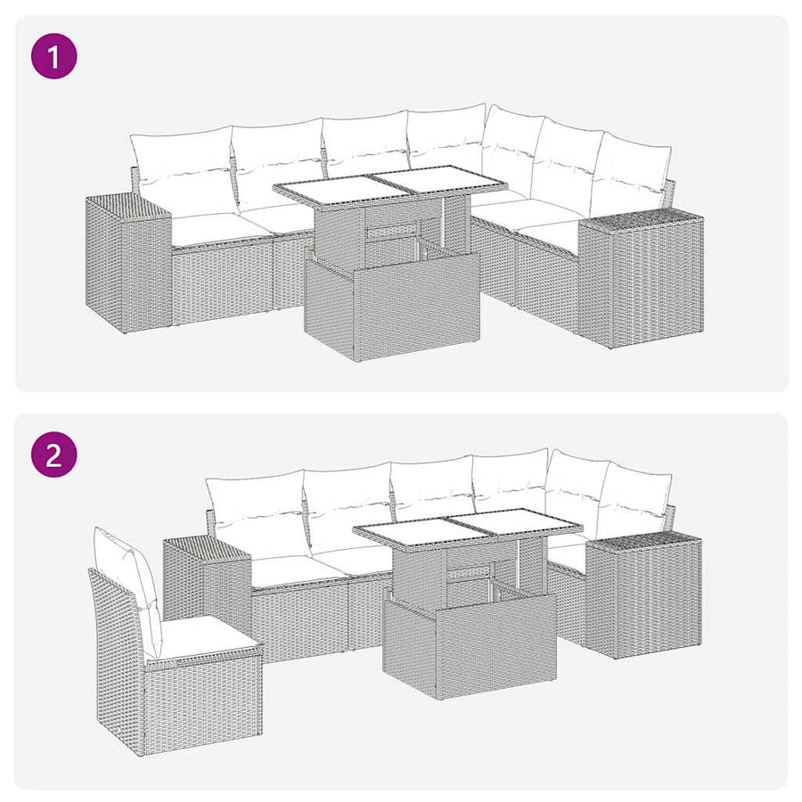 7-delige Loungeset met kussens poly rattan acacia zwart