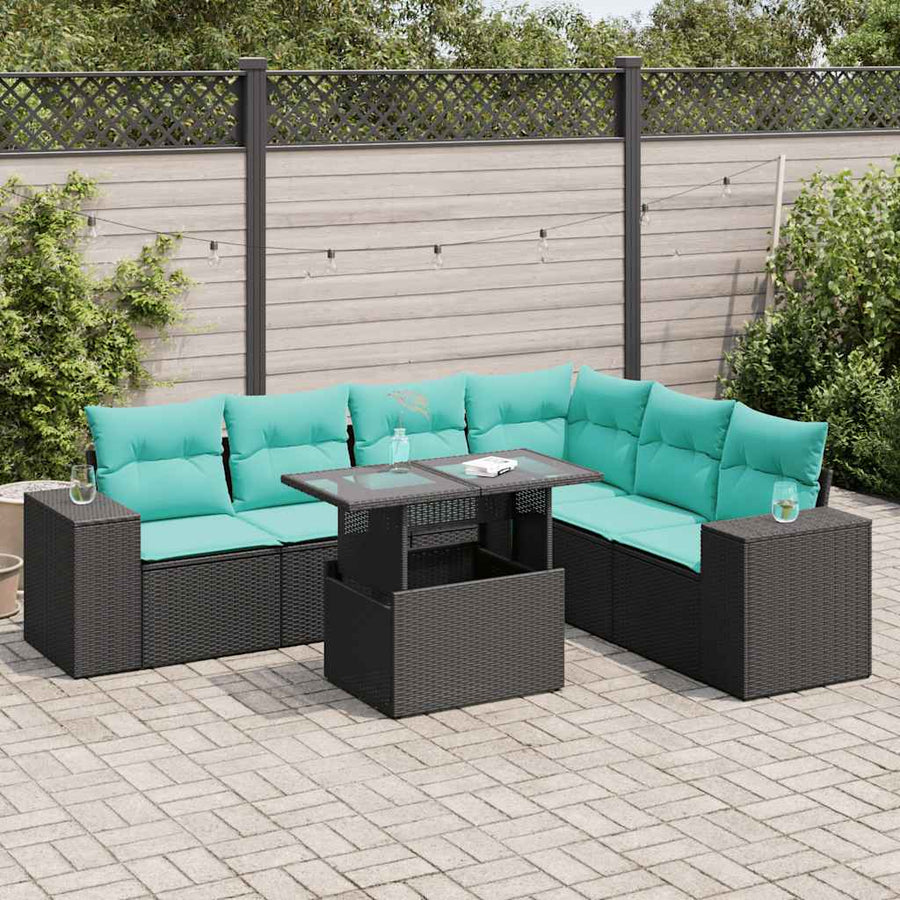7-delige Loungeset met kussens poly rattan acacia zwart
