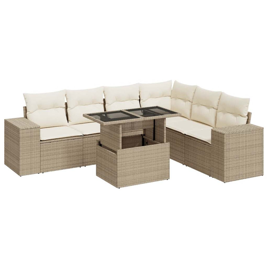 7-delige Loungeset met kussens poly rattan beige