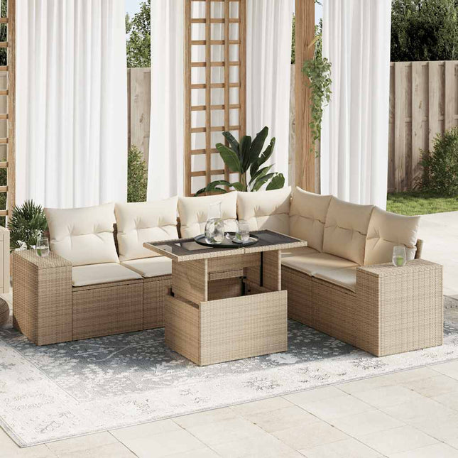 7-delige Loungeset met kussens poly rattan beige