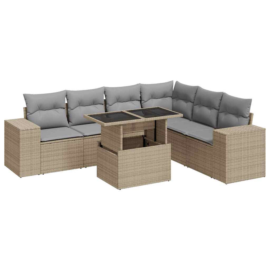 7-delige Loungeset met kussens poly rattan beige