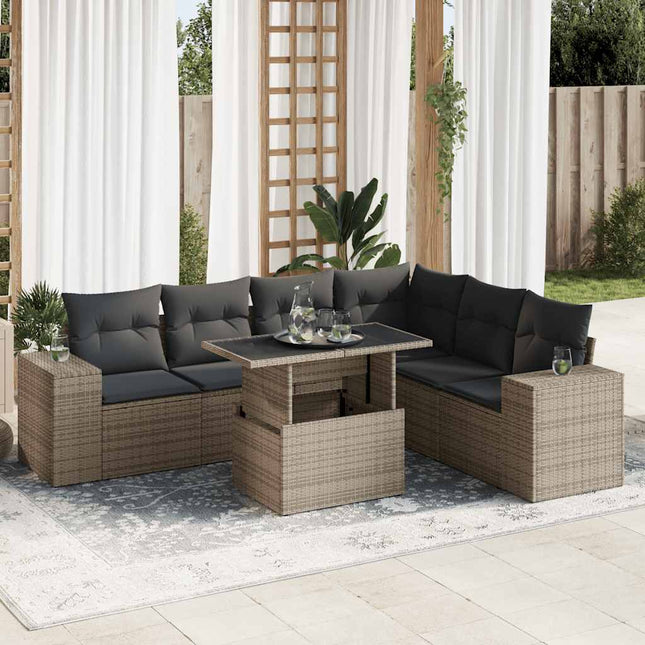 7-delige Loungeset met kussens poly rattan grijs