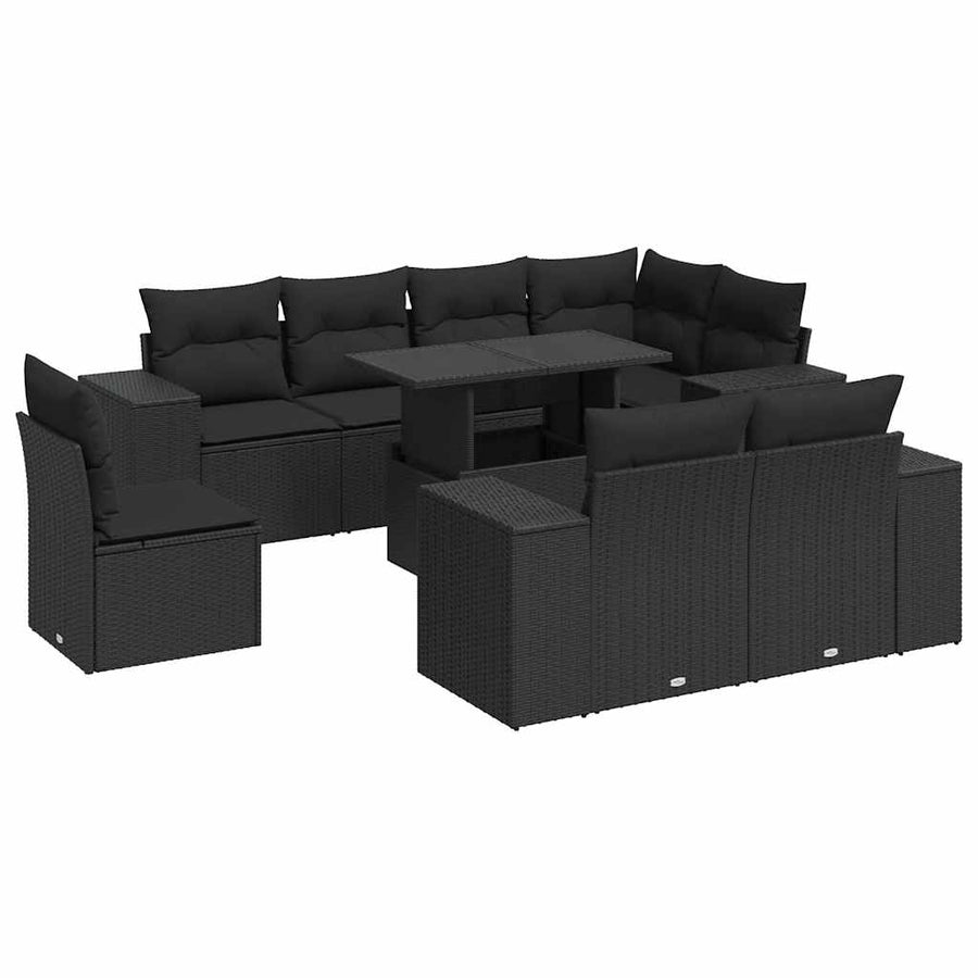 9-delige Loungeset met kussens poly rattan zwart