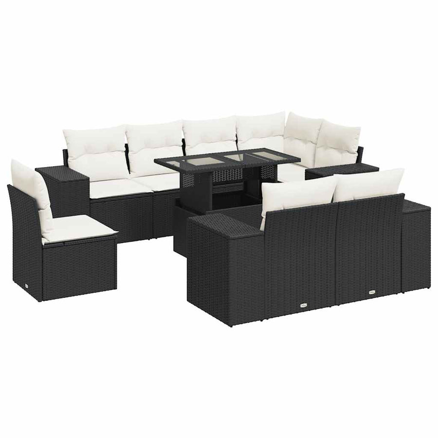 9-delige Loungeset met kussens poly rattan zwart