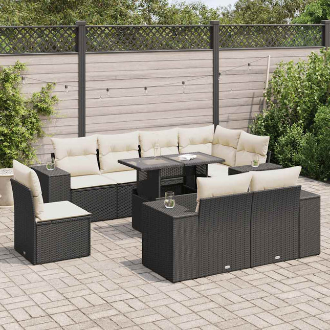 9-delige Loungeset met kussens poly rattan zwart