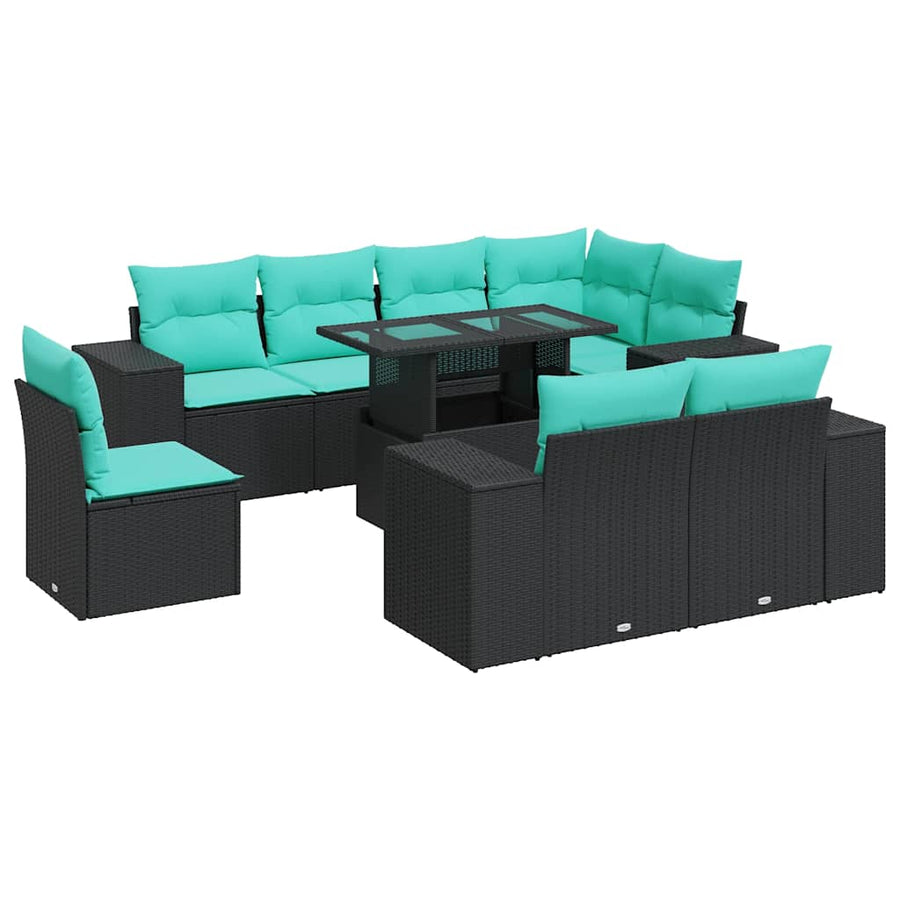 9-delige Loungeset met kussens poly rattan acacia zwart