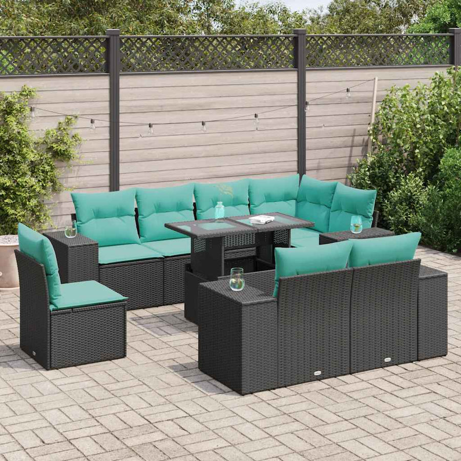 9-delige Loungeset met kussens poly rattan acacia zwart
