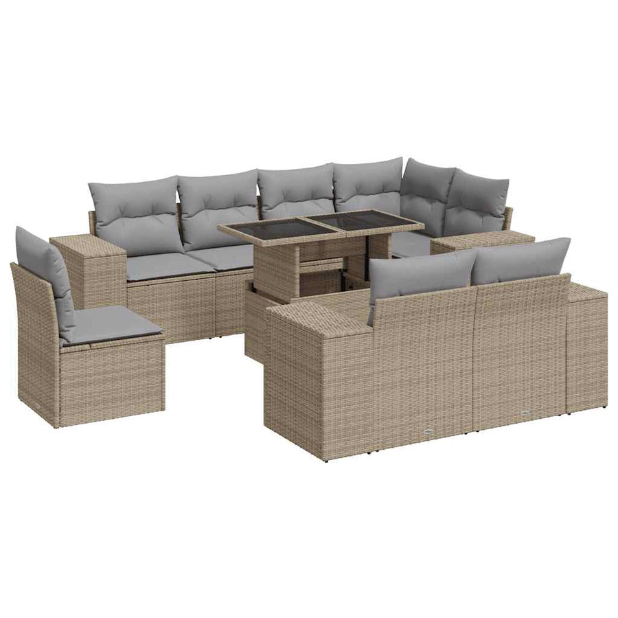 9-delige Loungeset met kussens poly rattan beige