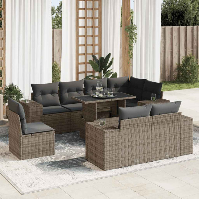 9-delige Loungeset met kussens poly rattan grijs