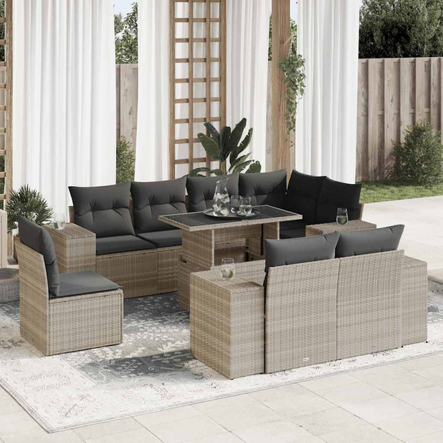 9-delige Loungeset met kussens poly rattan lichtgrijs