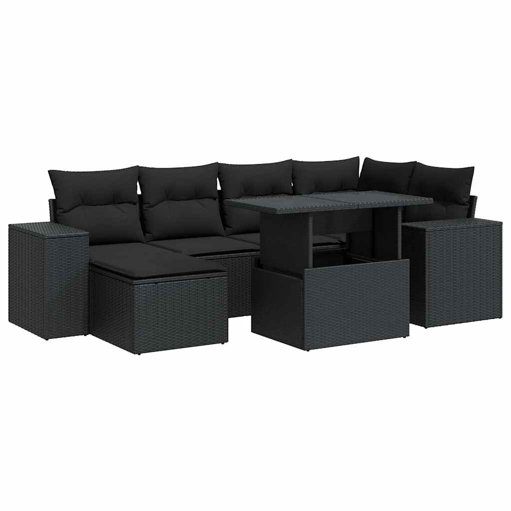 7-delige Loungeset met kussens poly rattan zwart