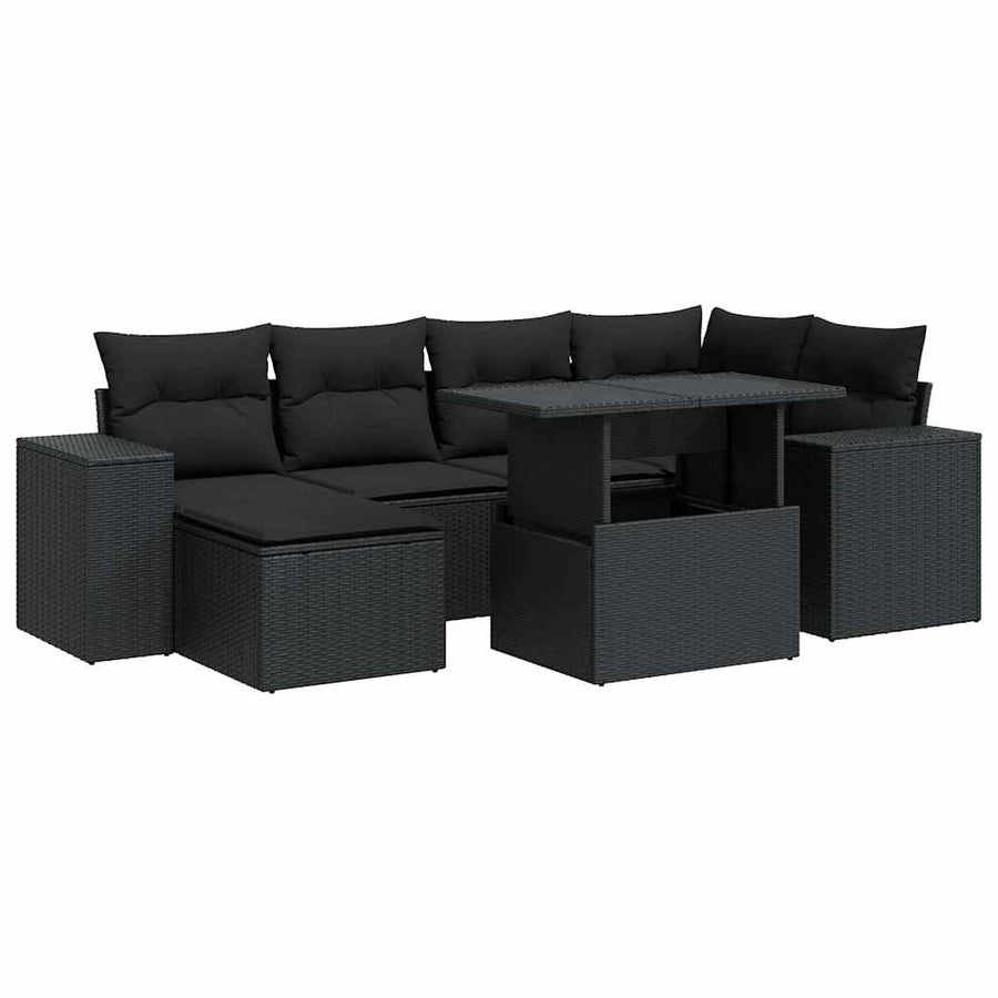 7-delige Loungeset met kussens poly rattan zwart