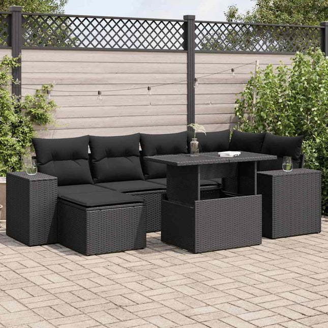 7-delige Loungeset met kussens poly rattan zwart