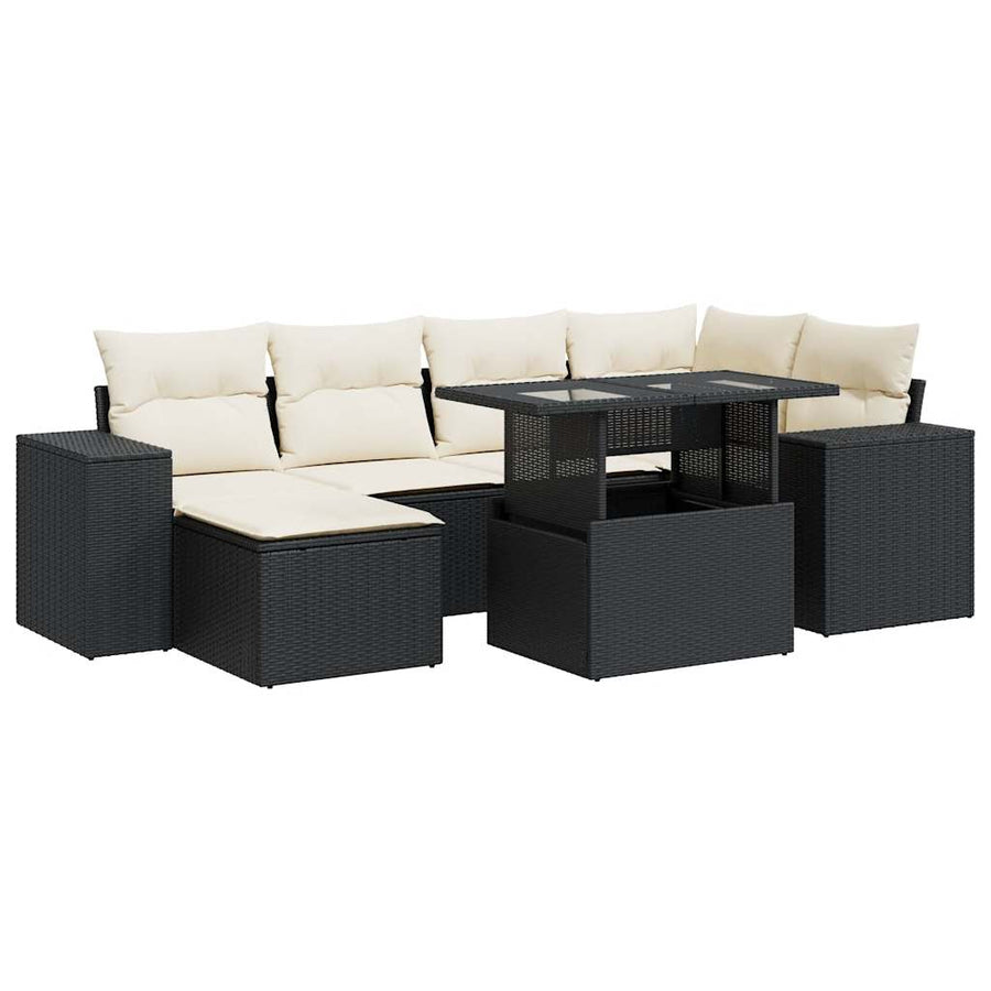 7-delige Loungeset met kussens poly rattan zwart