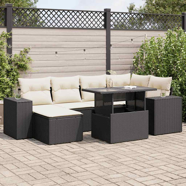 7-delige Loungeset met kussens poly rattan zwart