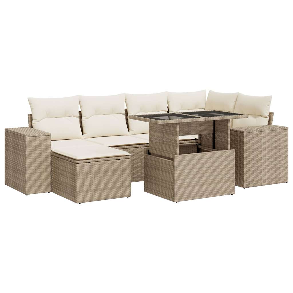 7-delige Loungeset met kussens poly rattan beige