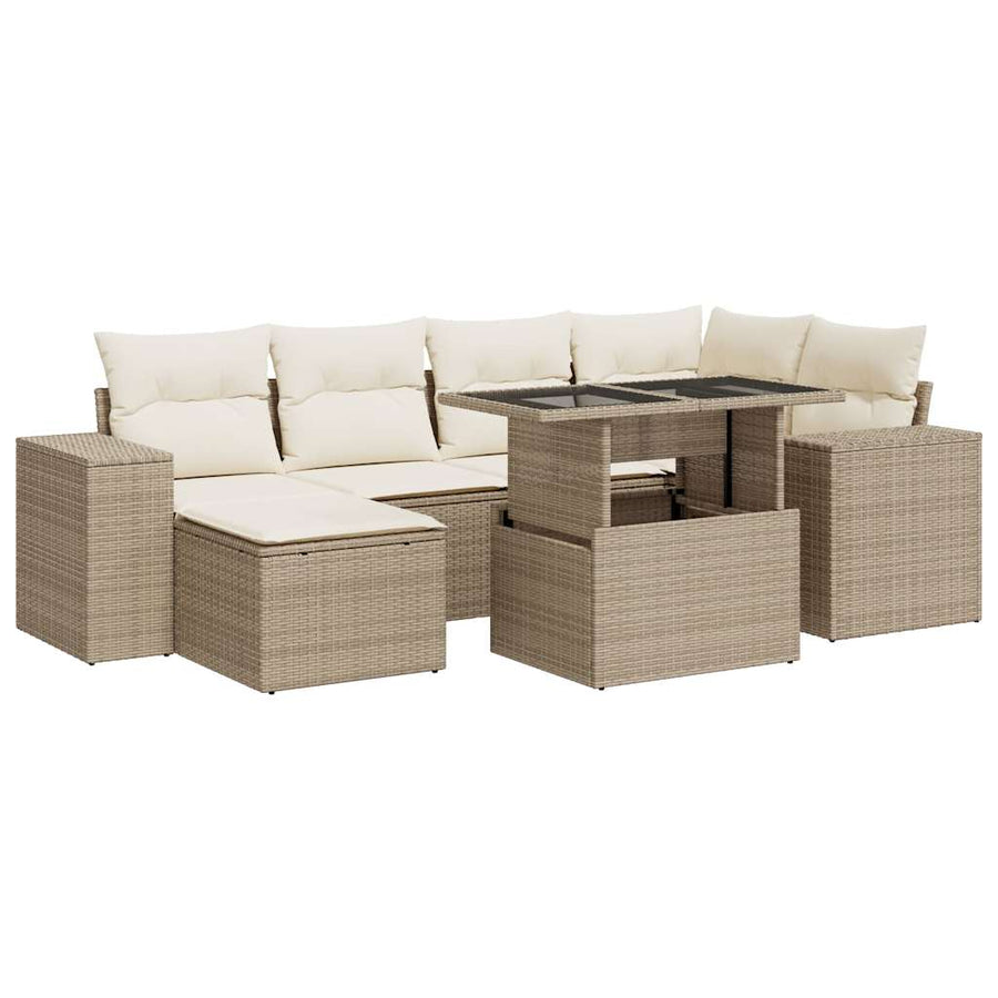 7-delige Loungeset met kussens poly rattan beige