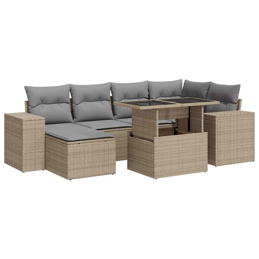 7-delige Loungeset met kussens poly rattan beige