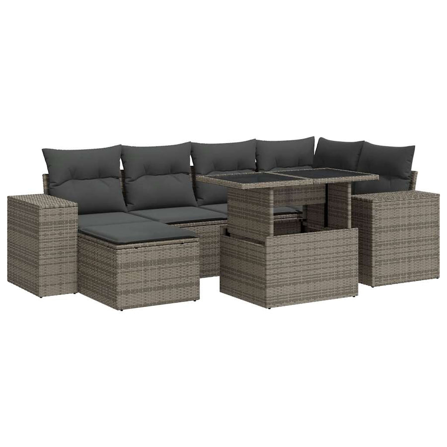 7-delige Loungeset met kussens poly rattan grijs