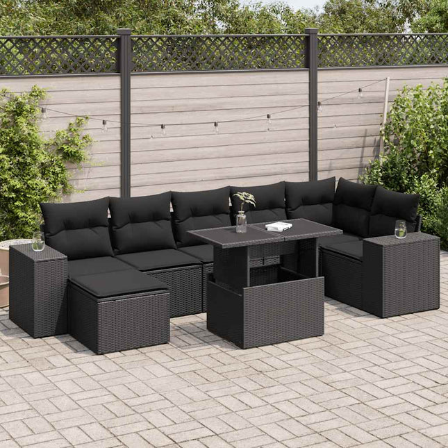 8-delige Loungeset met kussens poly rattan zwart