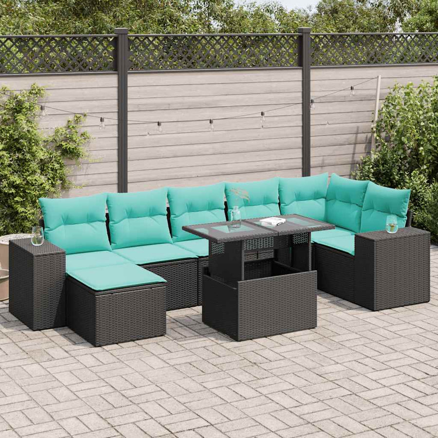 8-delige Loungeset met kussens poly rattan acacia zwart