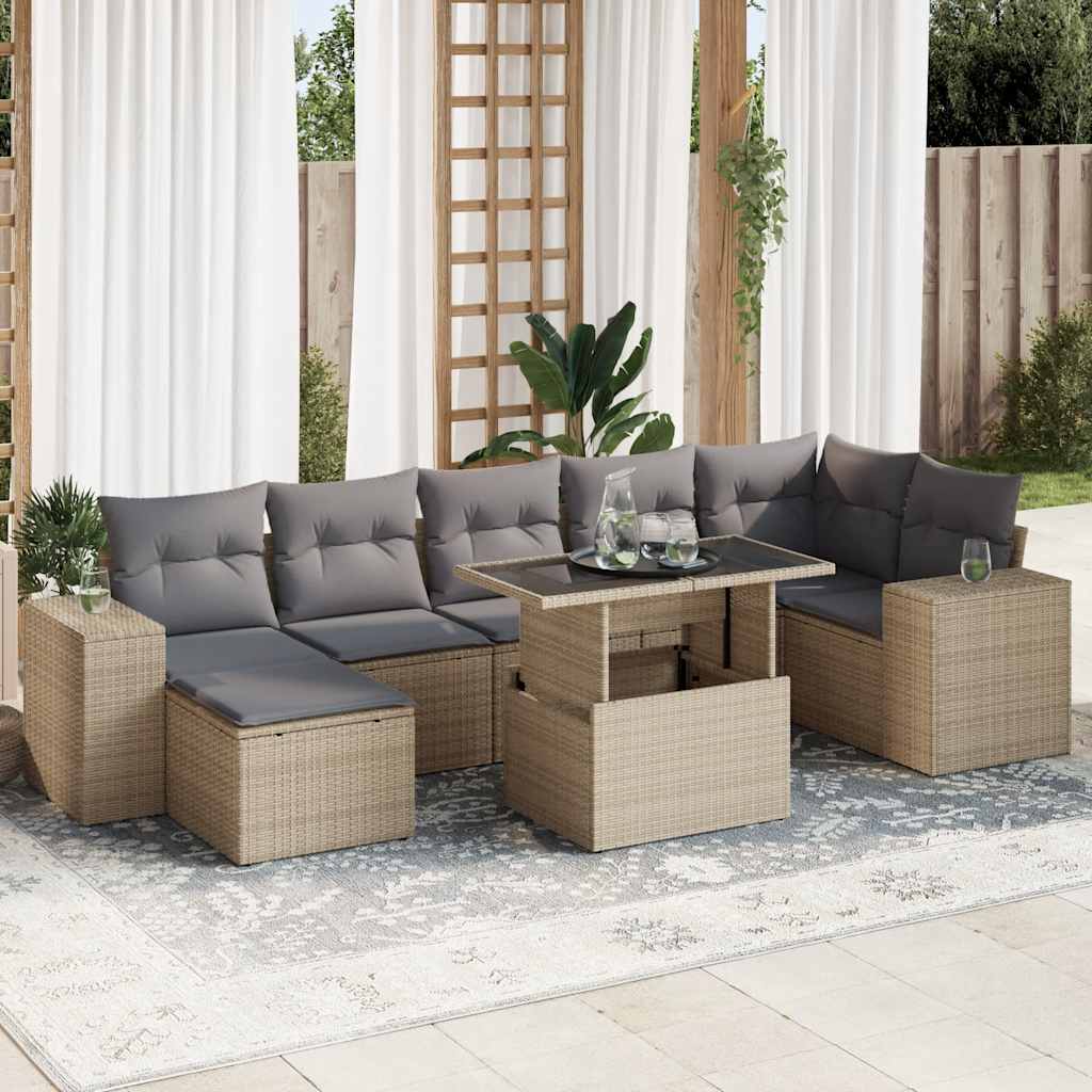8-delige Loungeset met kussens poly rattan beige