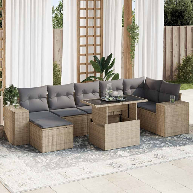 8-delige Loungeset met kussens poly rattan beige