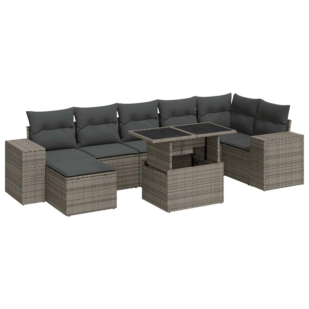 8-delige Loungeset met kussens poly rattan grijs