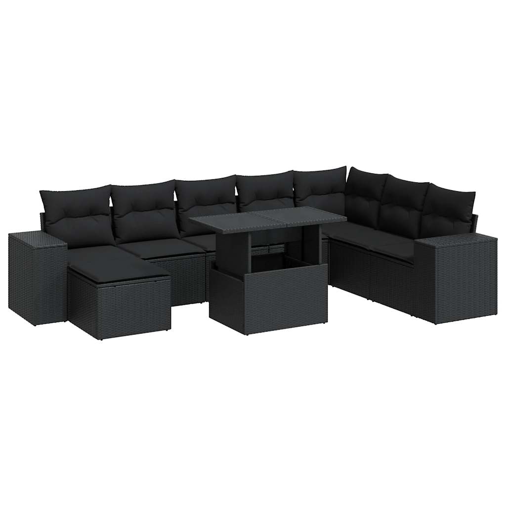 9-delige Loungeset met kussens poly rattan zwart
