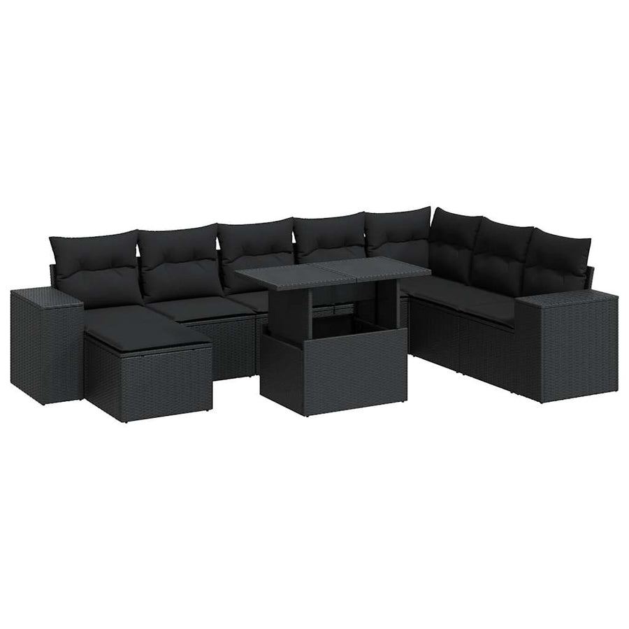 9-delige Loungeset met kussens poly rattan zwart